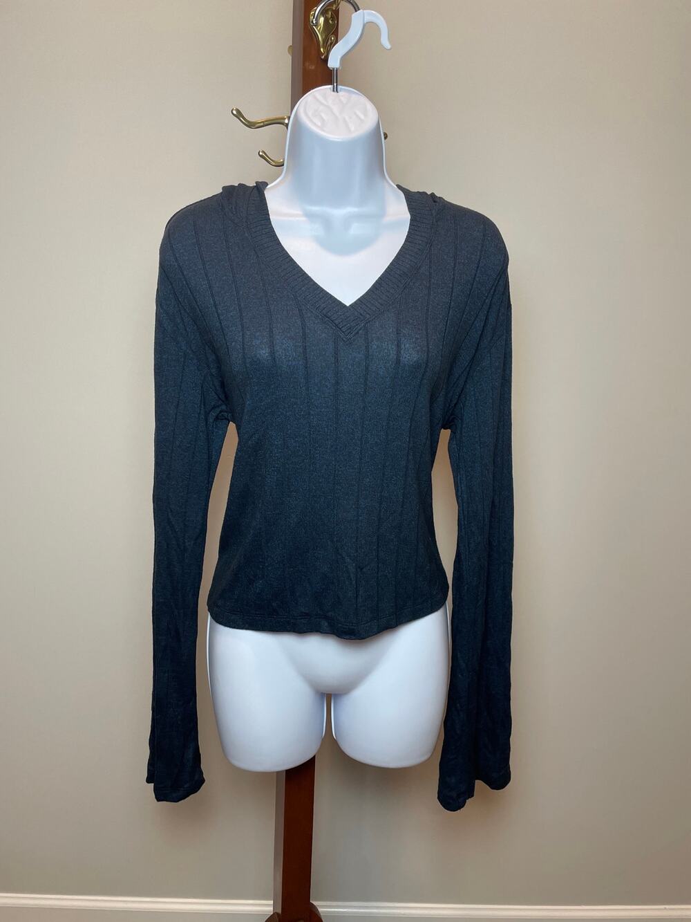 Athleta Dark Blue Heathered Hooded Lightweight Ribbed Top Size M